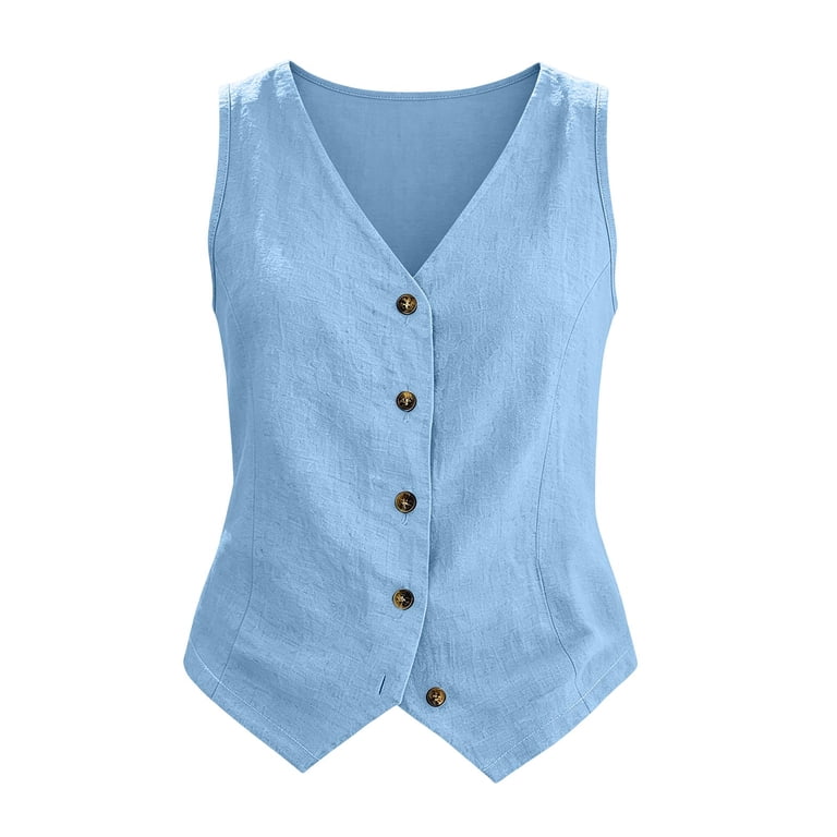 Vests for Women V Neck Button Front Linen Sleeveless Vest