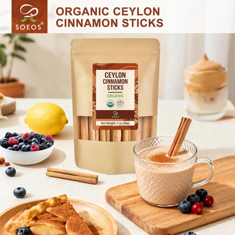Soeos Organic Ceylon Cinnamon Sticks, 1oz, (28g), 2 Pack