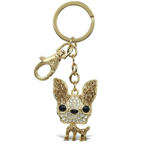 Aqua79 Chihuahua Dog Keychain - Gold 3D Sparkling Charm Rhinestones Fashionable Stylish Metal Alloy Durable Key Ring Bling Crystal Jewelry Accessory with Clasp for Key Chain, Bag, Purse and Backpack