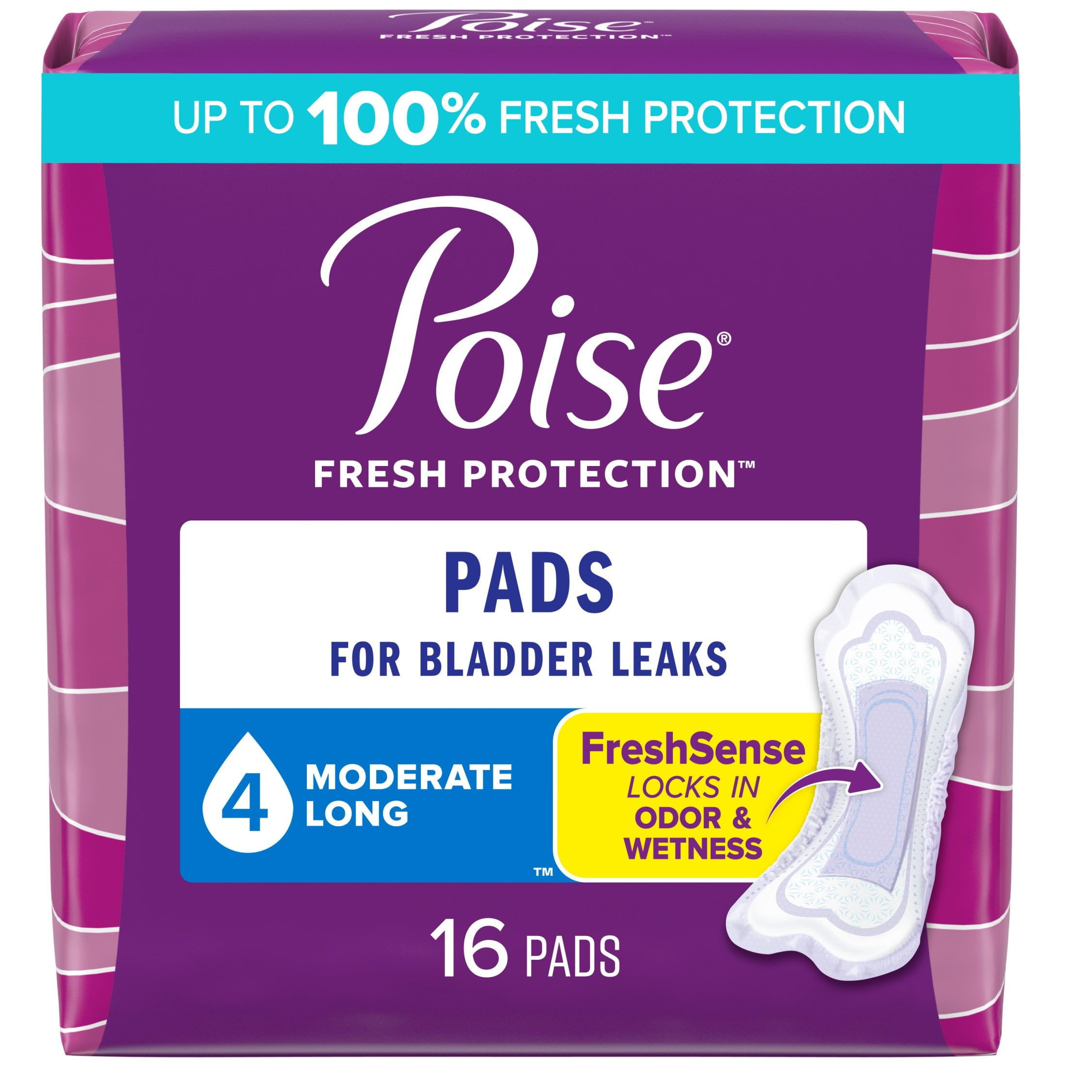 (6 pack) Poise Incontinence Pads for Women, Moderate Absorbency, Long Length, 16 Count