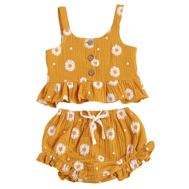 Xingqing 2PCS Toddler Kids Baby Girl Sleeveless Ruffled Hem Tank Tops Triangle Shorts