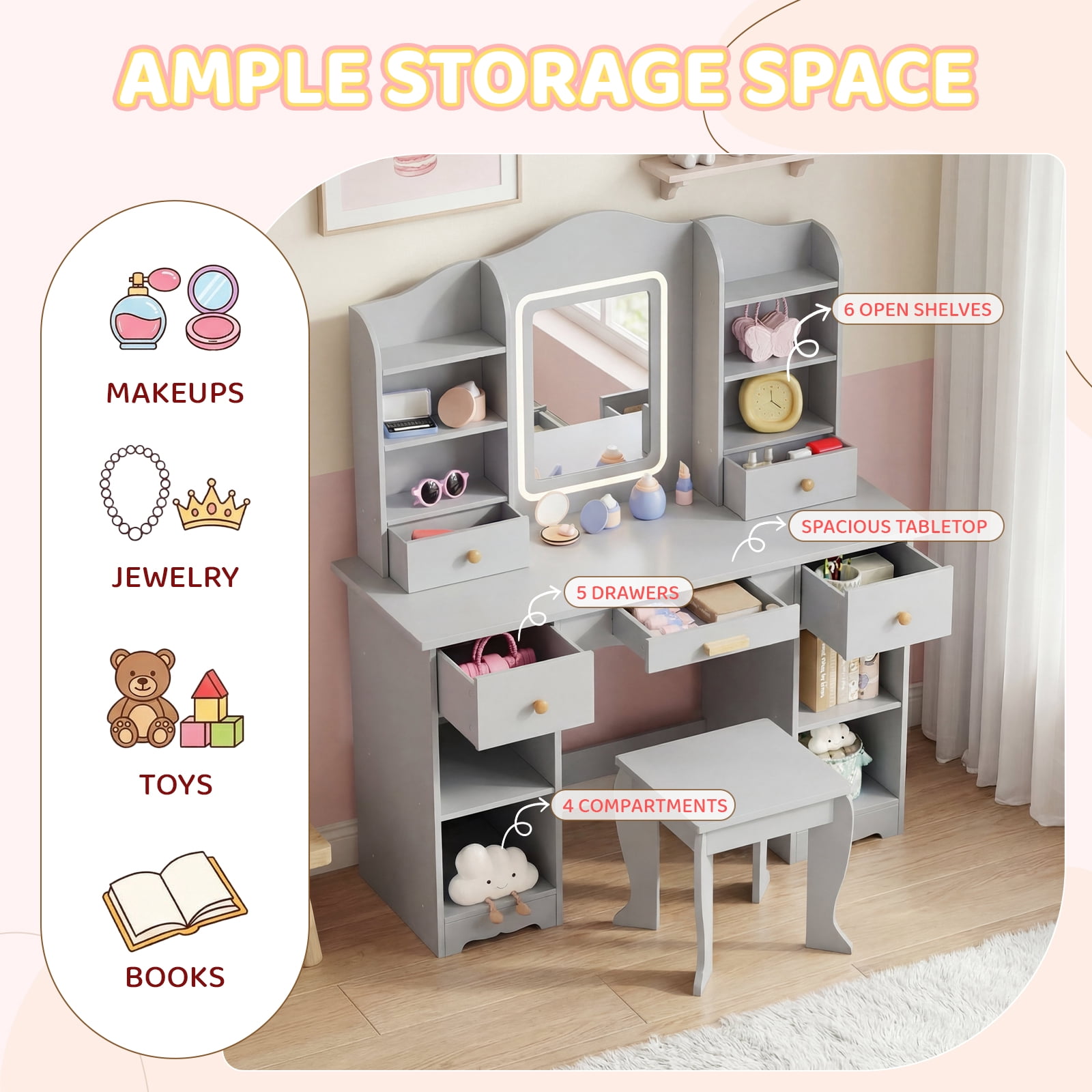 Pirecart Kids Vanity with 3 Color Lights, Girls Vanity Set with Mirror, Storage Drawer, Pretend Play Makeup Desk, with Detachable shelf, Gray