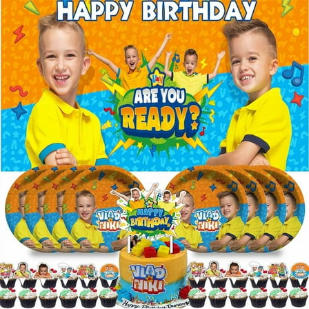 Vlad and Niki Party Supplies Birthday Decorations Plates Banner Kids Cake Toppers Set Decor