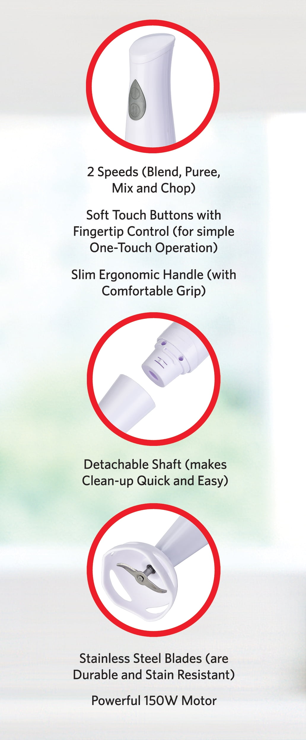 EUROSTAR EH402W 2-Speed Immersion Hand Blender with Detachable Shaft, White