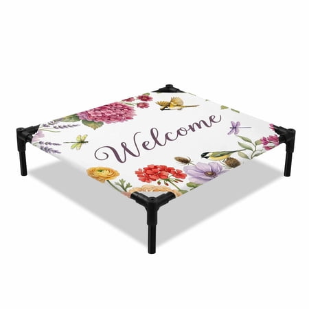 Welcome Pink Hydrangea Elevated Dog Bed Purple Floral Rustic Bird Botanical Cooling Breathable Outdoor Raised Dog Cot Bed with Metal Frame Non-Slip Feet for Small Dog 20x20in