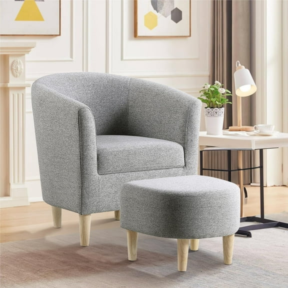 Lohoms Accent Arm Chair With Ottoman Set, Modern Home Leisure Chair with Footrest, Comfy Upholstered Armchair Single Sofa, Reading Chair with Solid Wood Legs for Living Room Bedroom, Gray