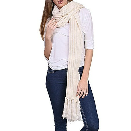 - Women's Winter Warm Extra Long Stripe Knit Fringed Scarf - YS3702 (Ivory)