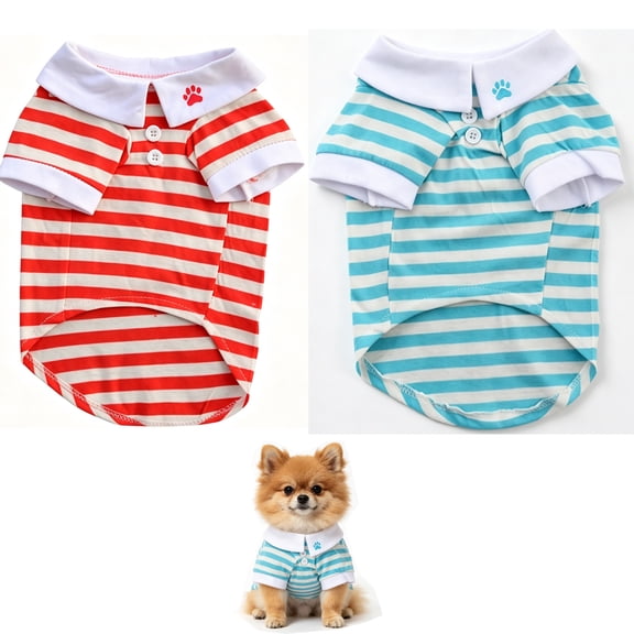 Riklu Striped Cotton Dog Polo Shirt, Breathable Collared Puppy T‑Shirt with Paw Print, Casual Summer Pet Clothes for Small Boy Dogs Chihuahua Yorkie Maltese