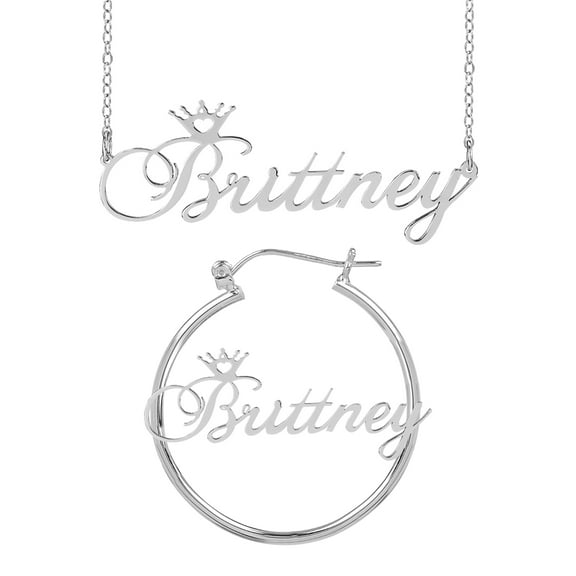 Personalized Set of Necklace and Hoop Earrings. Script Font.