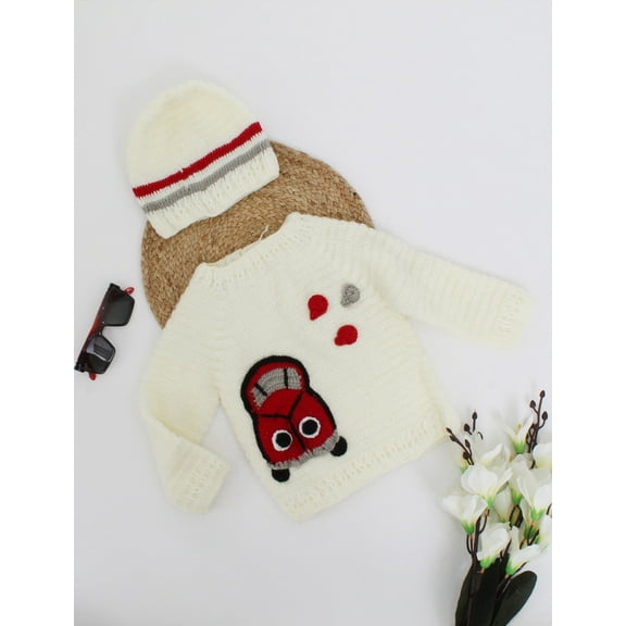 Woonie Handmade Crochet Full Sleeves Car Applique Sweater-Cream