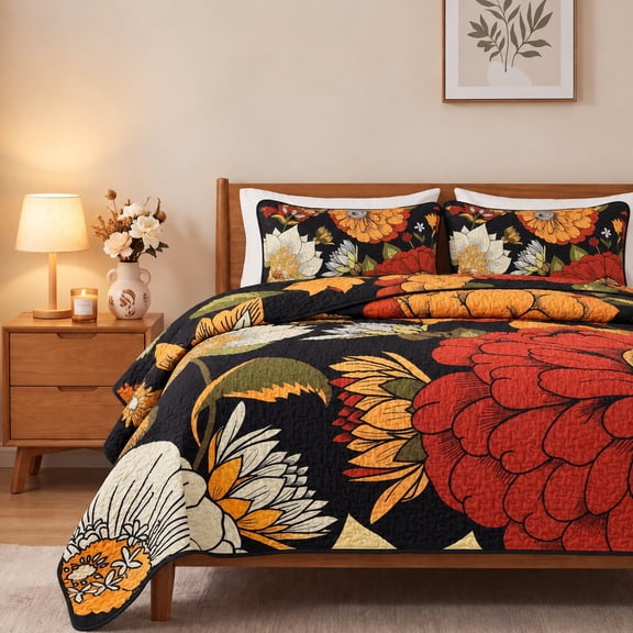 2/3-Pc 2D Flat Christmas Oil Painting Floral Quilted Bedding Set, Winter Vintage Large Flower Print Quilted Bedspread With Pillowcase(Twin)