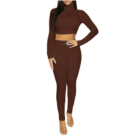 MIUOWANP Women's Two Piece Sets Women's Sexy Slim Long Sleeve Neckless Short Top And Pants Set Long Sleeve Round Neck Top/Shirt Set