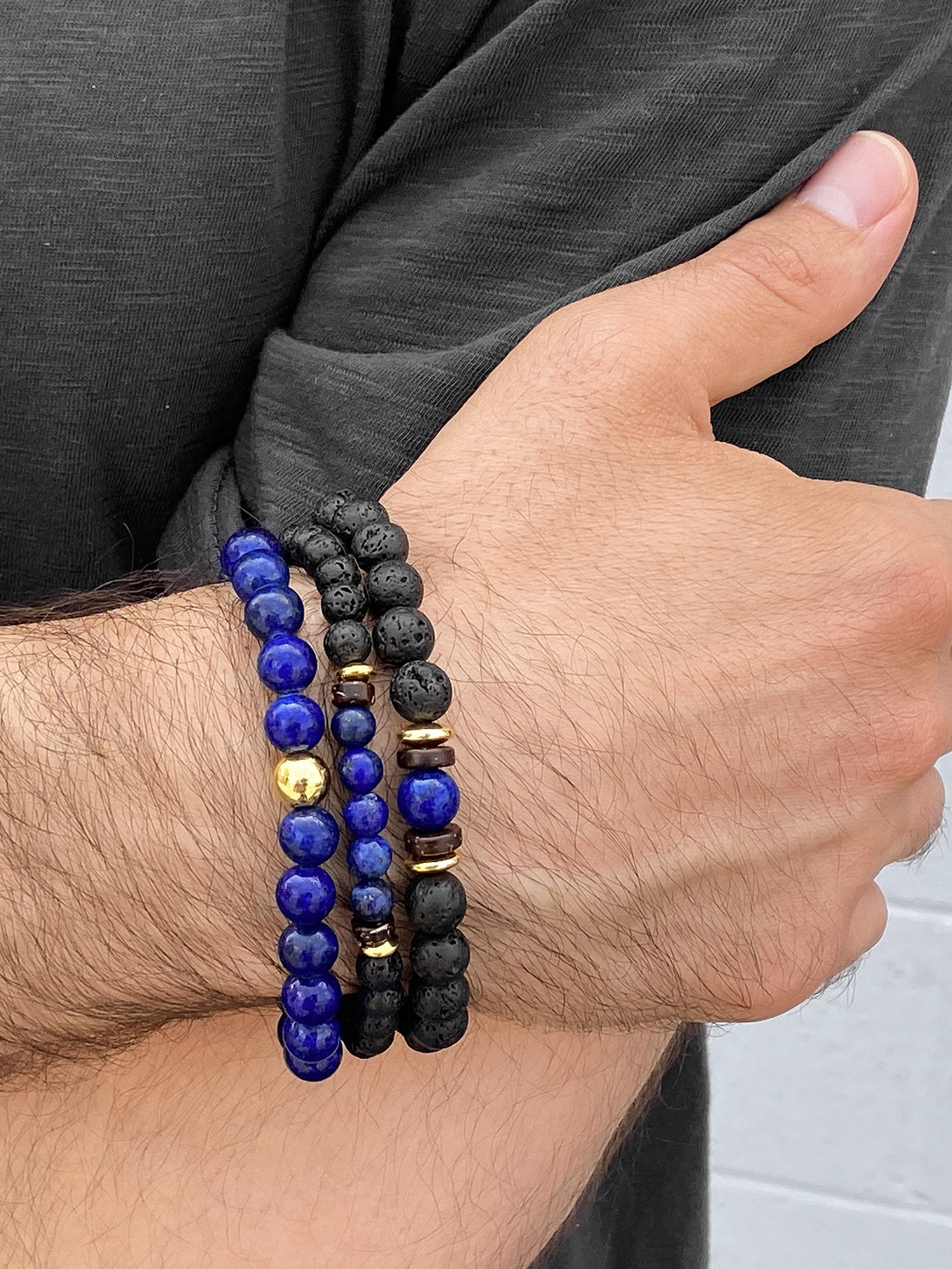 Coastal Jewelry Men's Lapis Lazuli Stone with Gold Plated Hematite, Lava and Wood Beaded Stretch Bracelet Set of 3