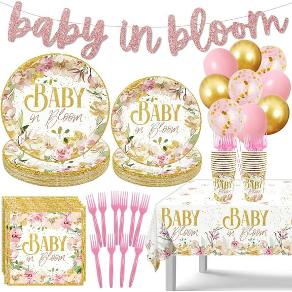Baby in Bloom Baby Shower Plates and Napkins, Floral Girl Baby Shower Favors Flower Tableware Set for Birthday Party Supplies, Baby Shower Decor