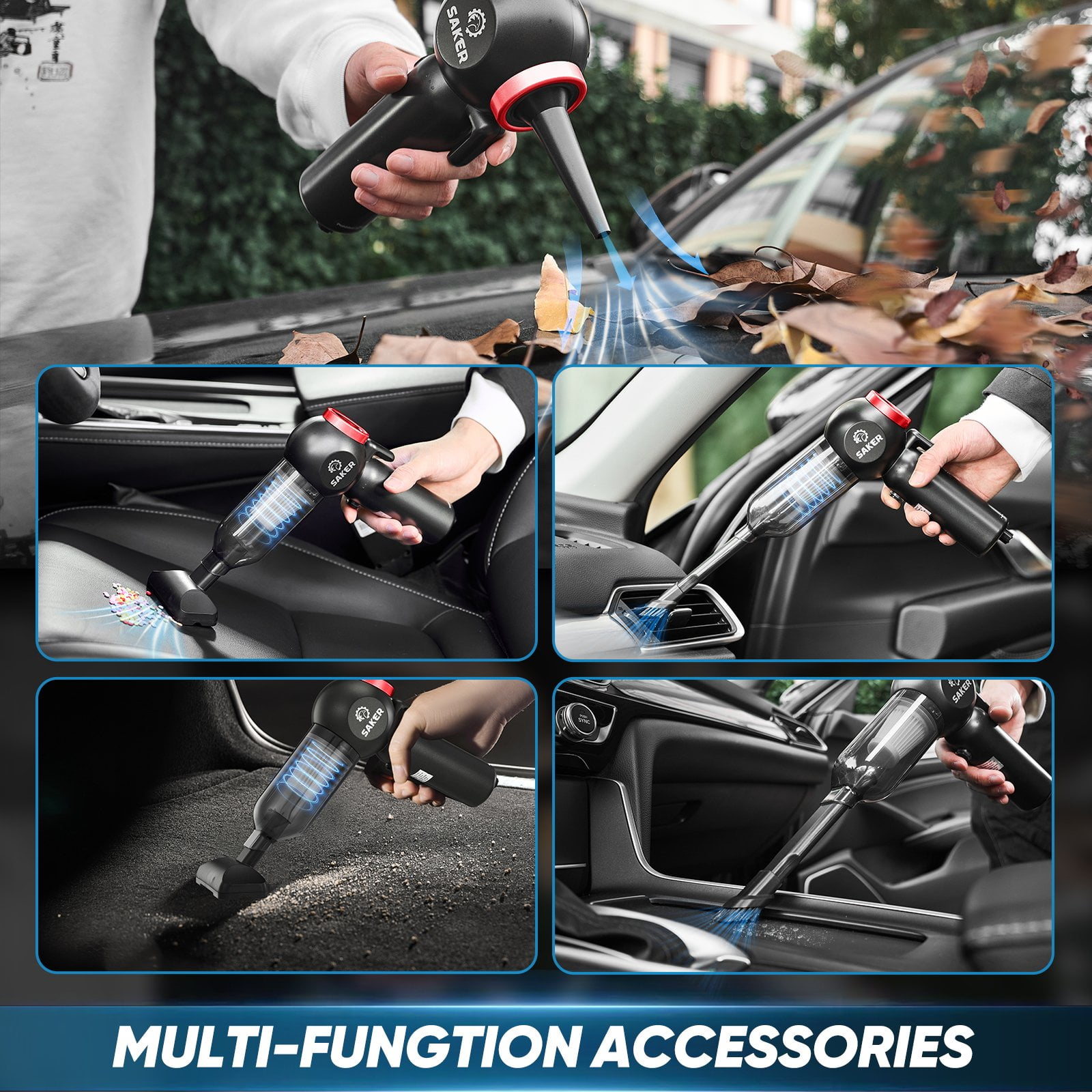 Saker Cordless Car Vacuum Cleaner, Powerful 6-in-1 Mini Car Vacuum with 120W/20000PA Brushless Motor, Window Breaker & Seatbelt Cutter for Car, Home, Office
