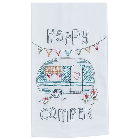 HAPPY CAMPER Camping RV Embroidered Flour Sack Kitchen Towel by Kay