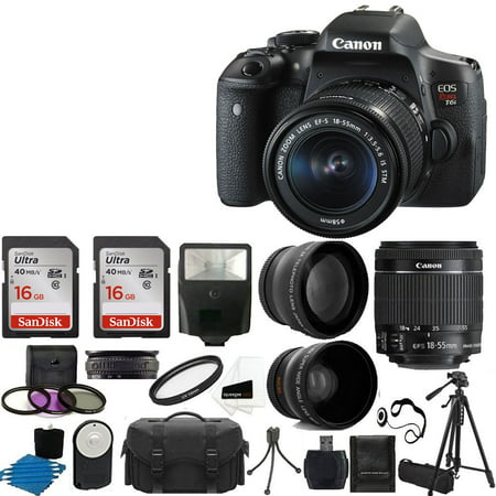 canon eos rebel t6i dslr cmos digital slr camera with ef-s 18-55mm f/3.5-5.6 is stm lens + 58mm 2x professional lens + wide angle lens + tripod + flash +uv kit + sandisk 32gb deluxe accessory