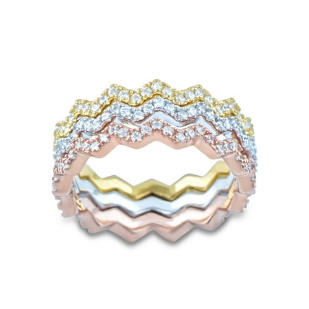 - 3 Piece Sterling Silver Tri Color Zig Zag Eternity Ring (Size 5 - 10)
