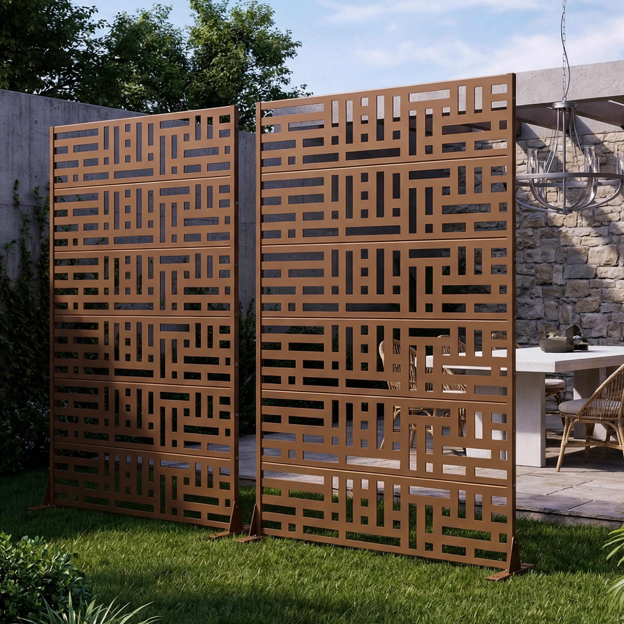 MAYEERTY 72"x47" Outdoor Privacy Fence, 6-Panel Brown Geometric Street Pattern Galvanized Steel Panel, Freestanding for Backyard Garden