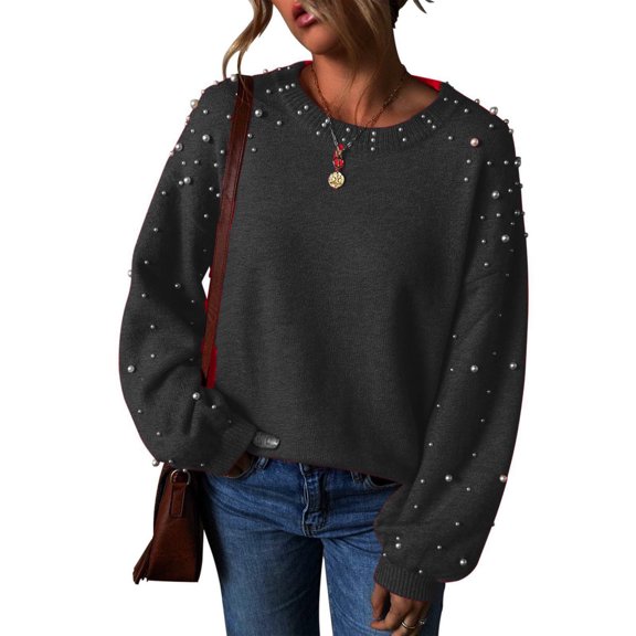 Ailaofu Women's Chunky Sweater Crewneck Sweatshirt Knit Lantern Sleeve Oversized Pullover Sweater with Pearls