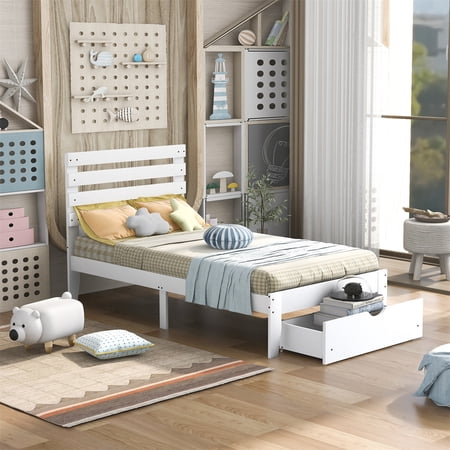 Twin Bed Frames with HeadBoard  Wood Twin Size Platform Bed with Storage Drawer  Wood Slats Support  White