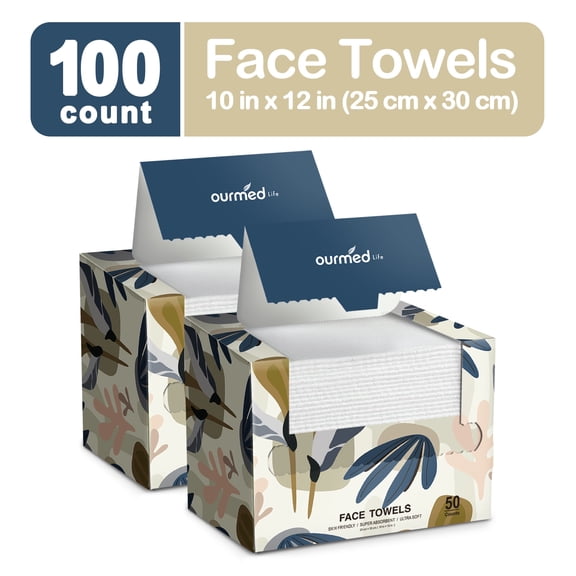 Ourmed Life 100Ct Dry Face Towels Disposable 10"×12" Facial Washcloths Cleansing Wipes Lint‑Free Sensitive‑Skin Safe