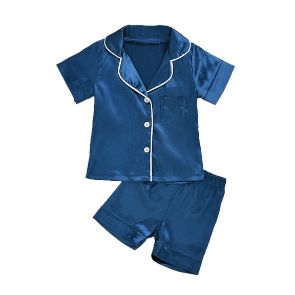 Zanarzt Toddler Boy Silk Pajamas Set Summer Girls Pajamas Set Soft Satin Lightweight Silk Button Down Top with Shorts 2 Piece PJS for Boys Kids Gifts Dark Blue,0-12 Months