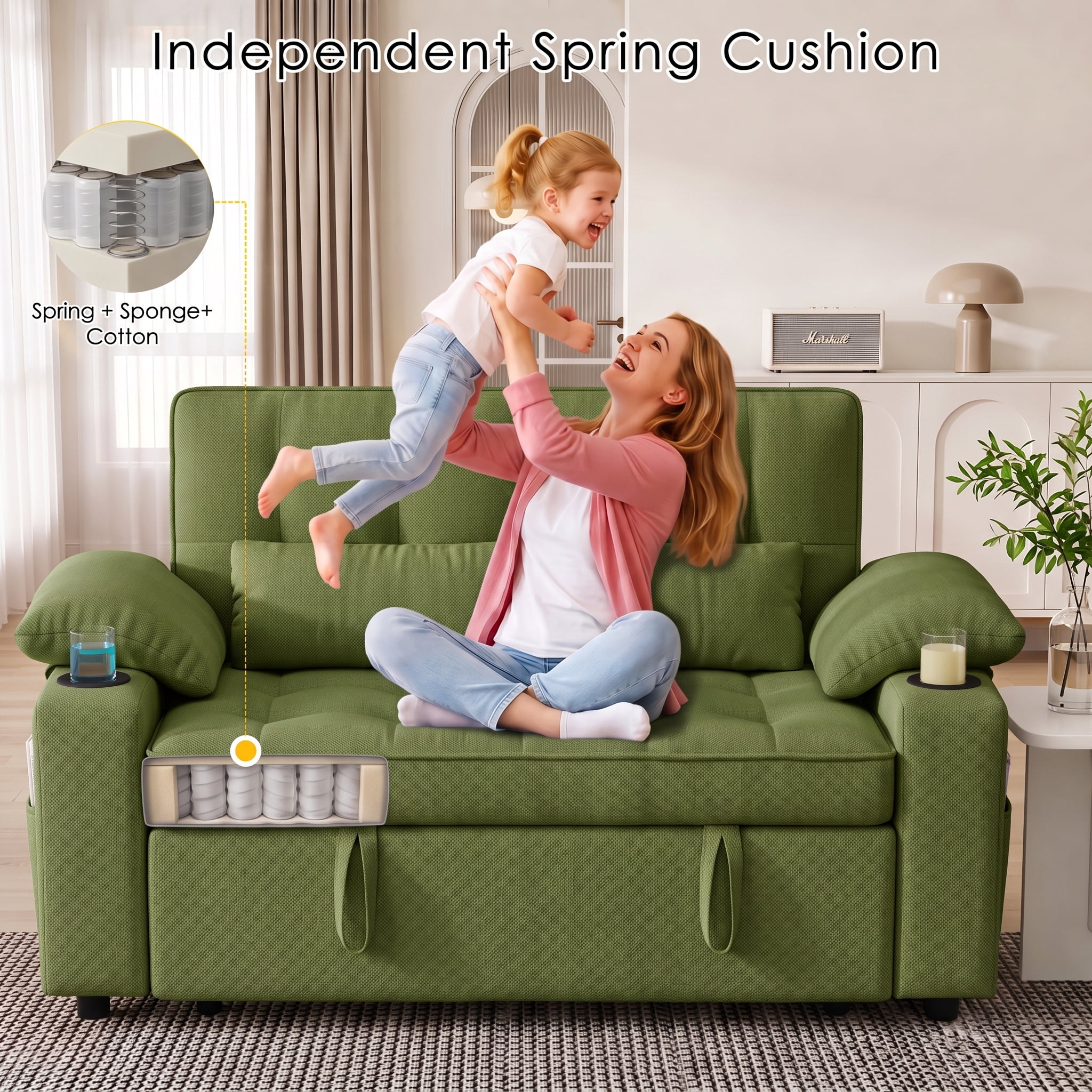 Xiweot 58" Convertible Sleeper Sofa Bed, Full Size Pull Out Couch with USB Charger, Cup Holders, Adjustable Backrest & Side Pocket, Teddy Fabric Loveseat for Living Room Small Space (Green)