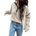 thumbnail image 2 of Womens Quarter Zip Pullover Sweaters Casual Collared V Neck Color Block Long Sleeve Loose Knit Fall Sweater White XL, 2 of 8