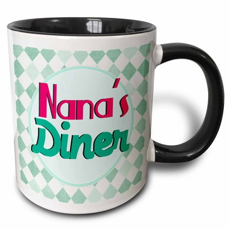 3dRose Nanas Diner sign on aqua - Retro hot pink turquoise teal blue 1950s 50s fifties Grandmas kitchen - Two Tone Black Mug, 11-ounce