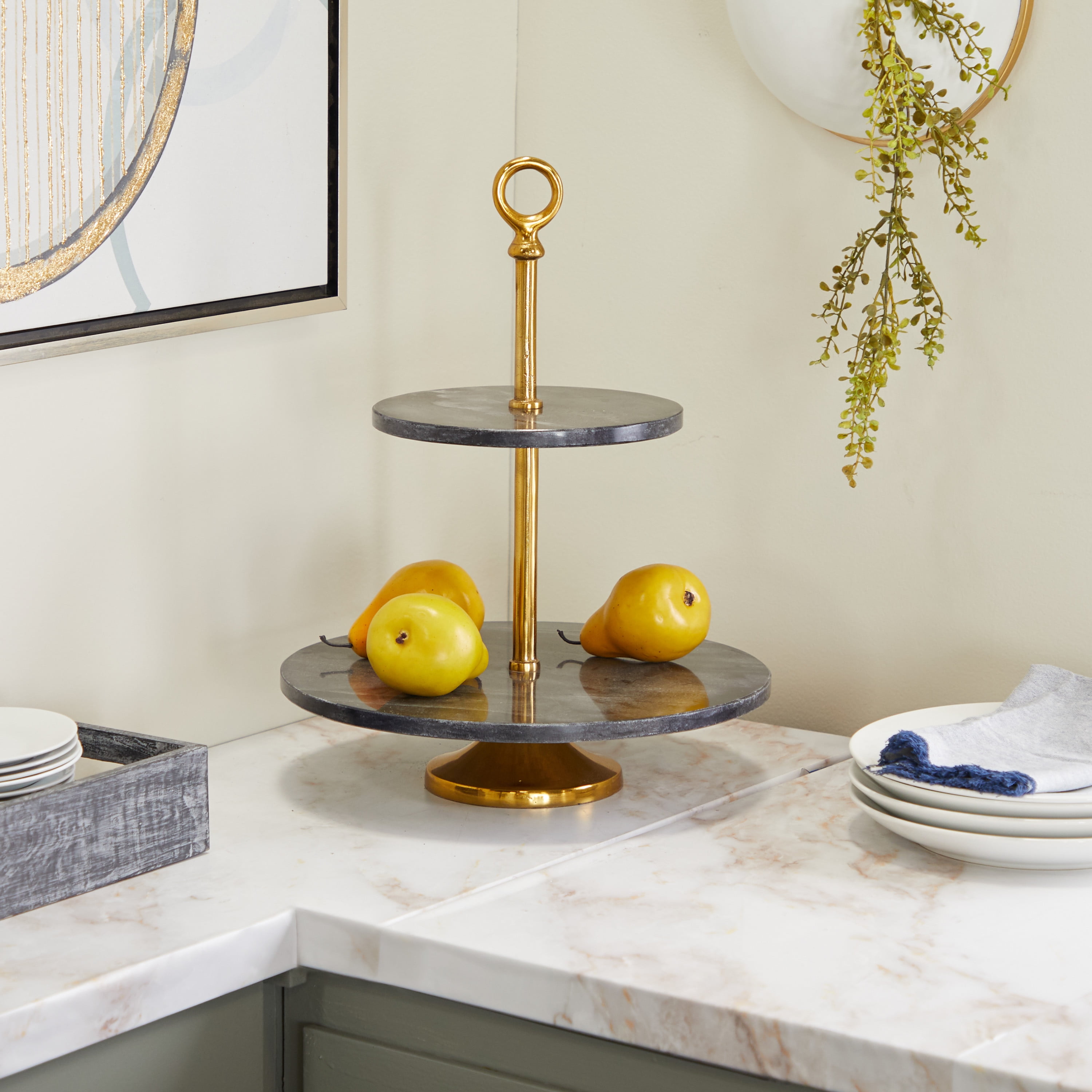 DecMode 14" x 19" Black Marble 2 Tiered Server with Gold Post, 1-Piece
