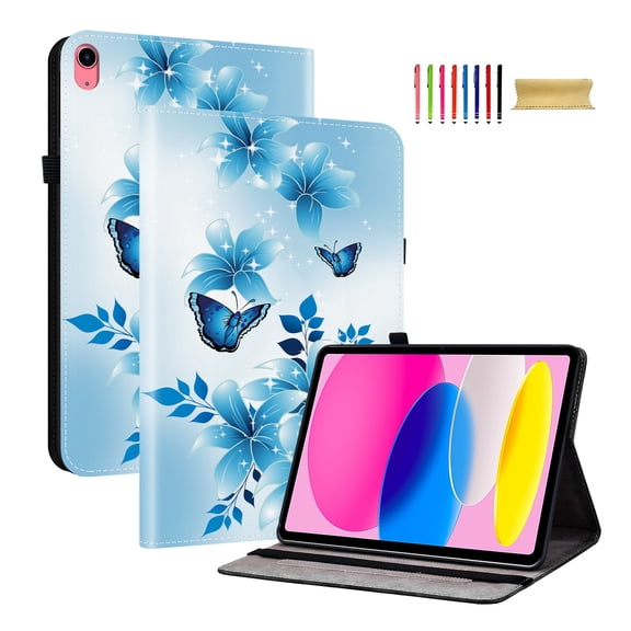 Allytechgroup Flip Cover Case for Apple iPad A16 11th Generation 11" 2025/iPad 10th Generation 10.9" 2022,Stylish Pattern Cards Slots Stand Protective Shockproof Case with Elastic Band,Blue Butterfly