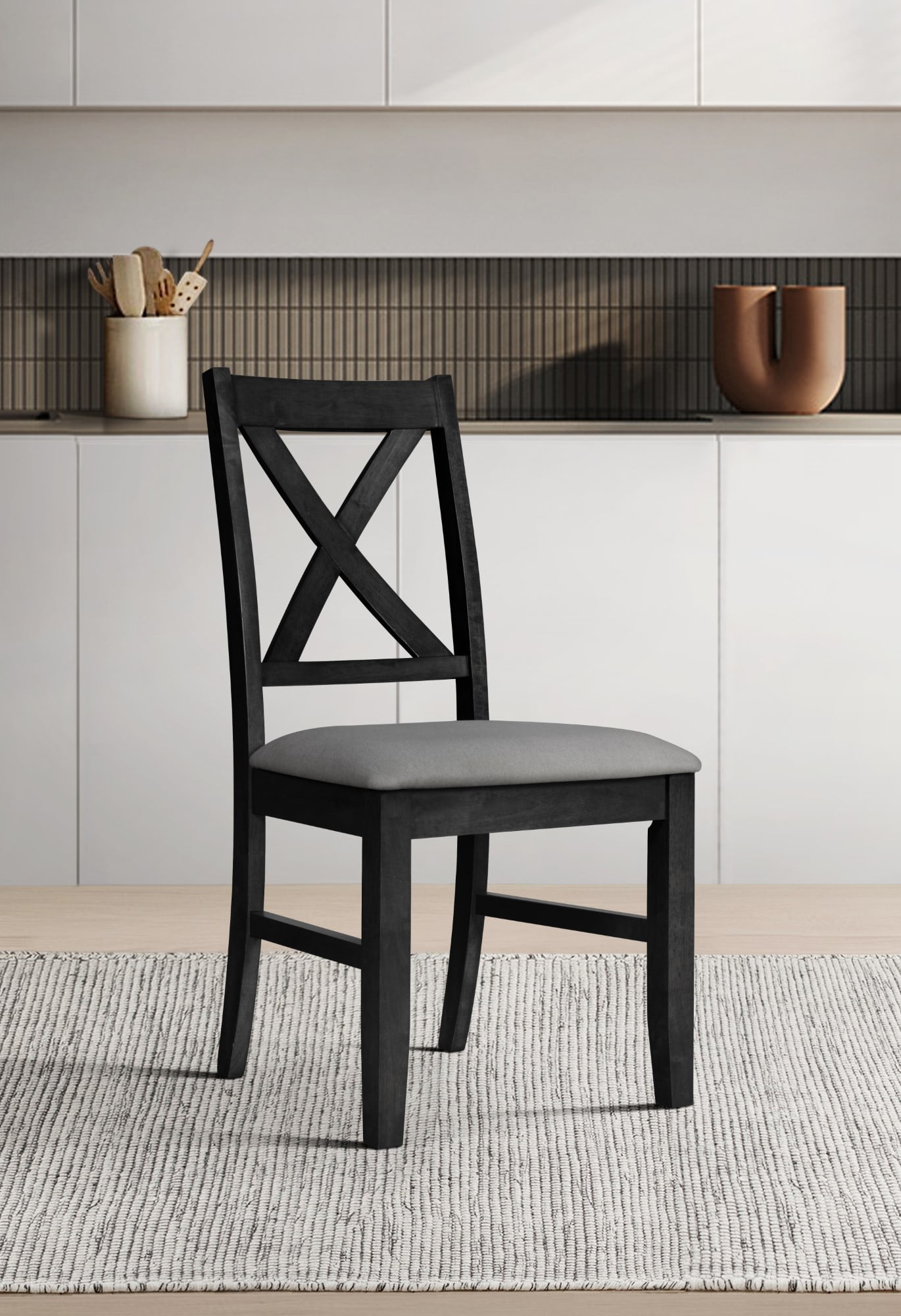Home Design Oden 6-Piece Dining Set, Black/Gray, Rectangular Split-Top Table with X-Back Cushioned Chairs and Upholstered Bench, Rustic-Modern