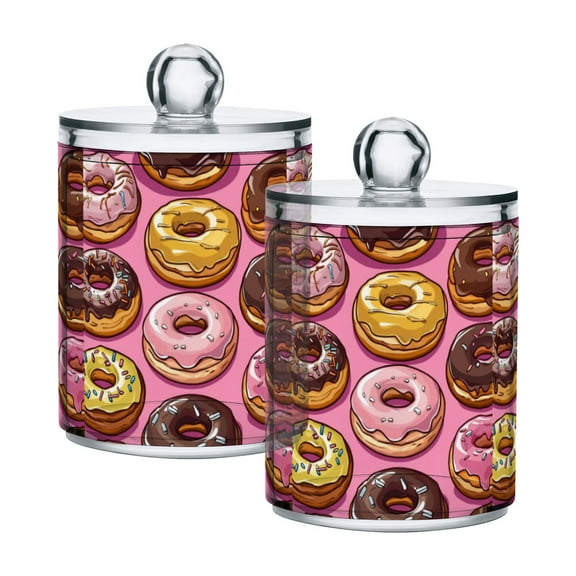 Yayeee 2 Pack Qtip Holder Bathroom Cotton Swab Canister with Lid Clear Dispenser Set, Cute Doughnuts Pattern