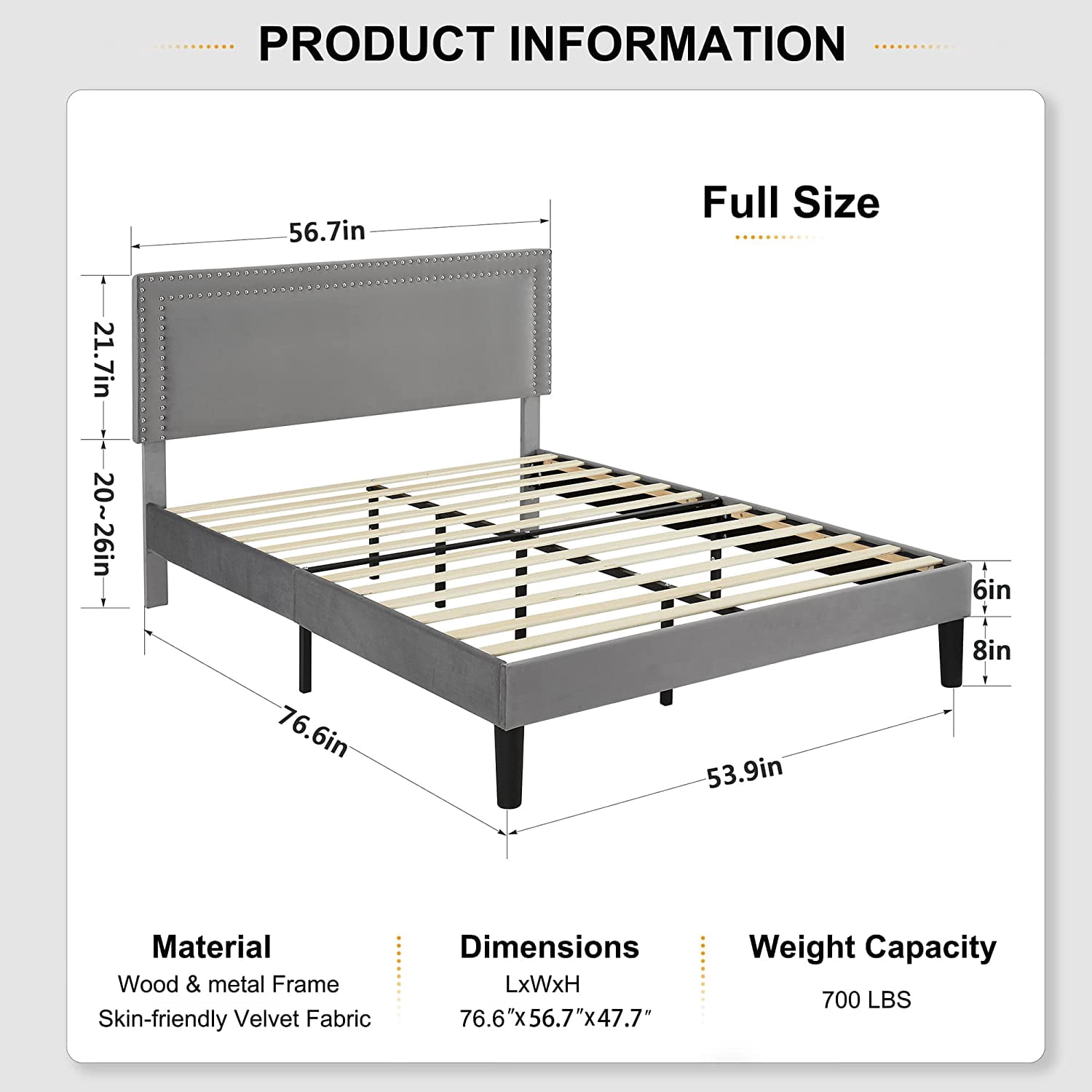VECELO Full Size Platform Bed Frame with Adjustable Height Upholstered Headboard, Strong Wood Slat Support, No Box Spring Needed, Dark Gray
