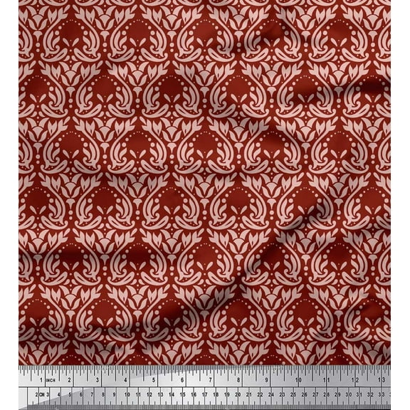 Soimoi Red Cotton Duck Fabric Palmette Damask Print Fabric by the Yard 42 Inch Wide