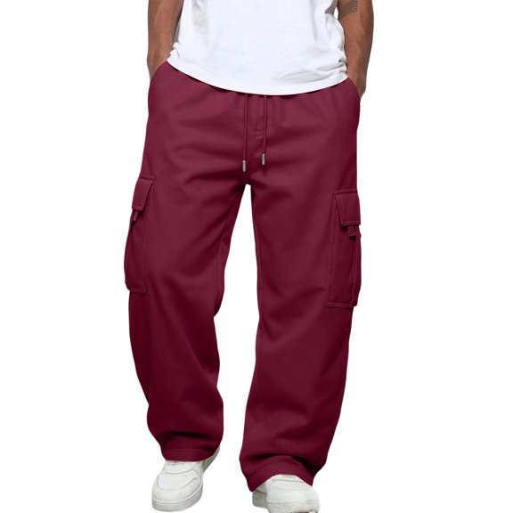 Dweltoz Men's Cargo Pants Baggy Loose Fit Trousers Straight Leg Casual Pants Elastic Waist Multi-Pocket Utility Pants,Wine 3XL