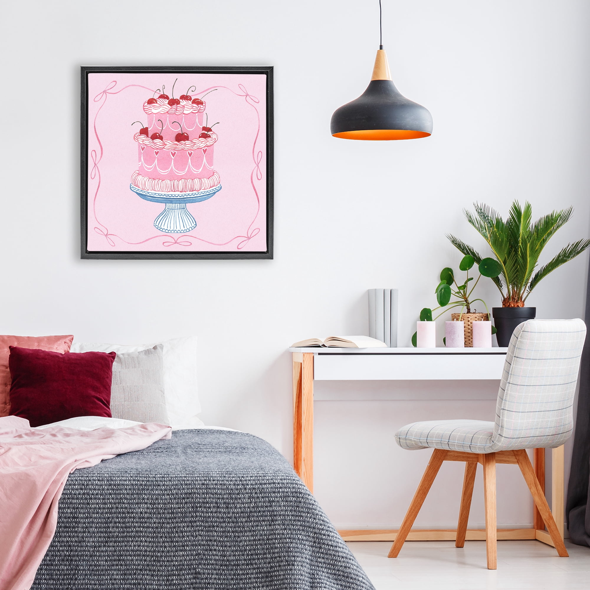 Stupell Industries Romantic Pink Cherry Cake Black Framed Floater Canvas Wall Art, design by Grace Popp