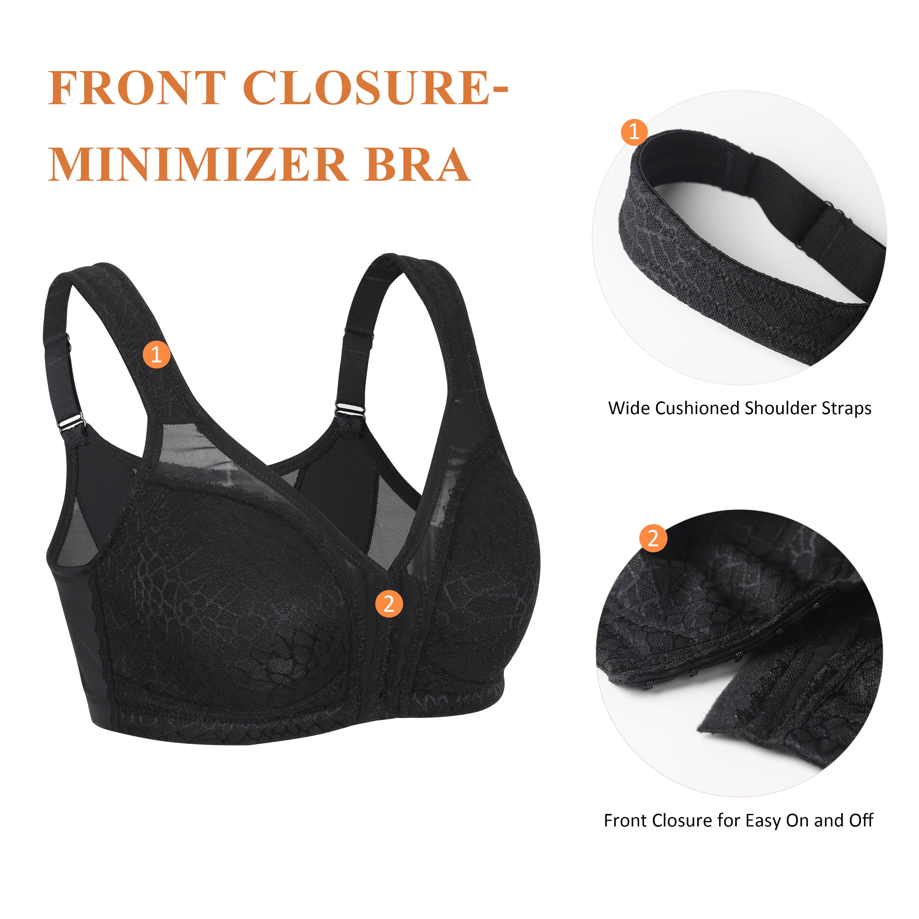 Exerin Women's Front Closure Full Coverage Wirefree Posture Back Plus Size Bra(38DDD, Black)