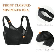 Exerin Women's Front Closure Full Coverage Wirefree Posture Back Plus Size Bra(46C, Black)
