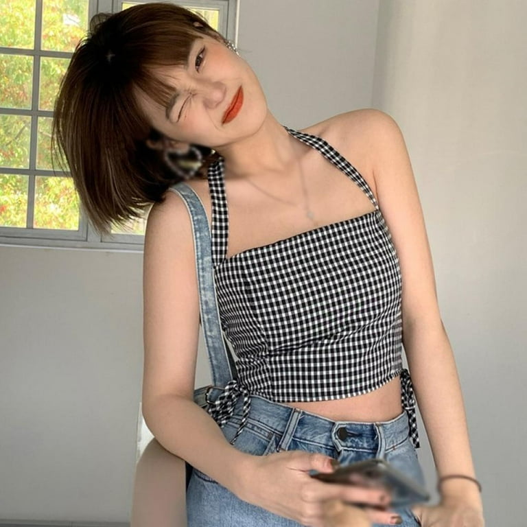 Korean Style Plaid Halter Neck Strapless Tube Top Sling