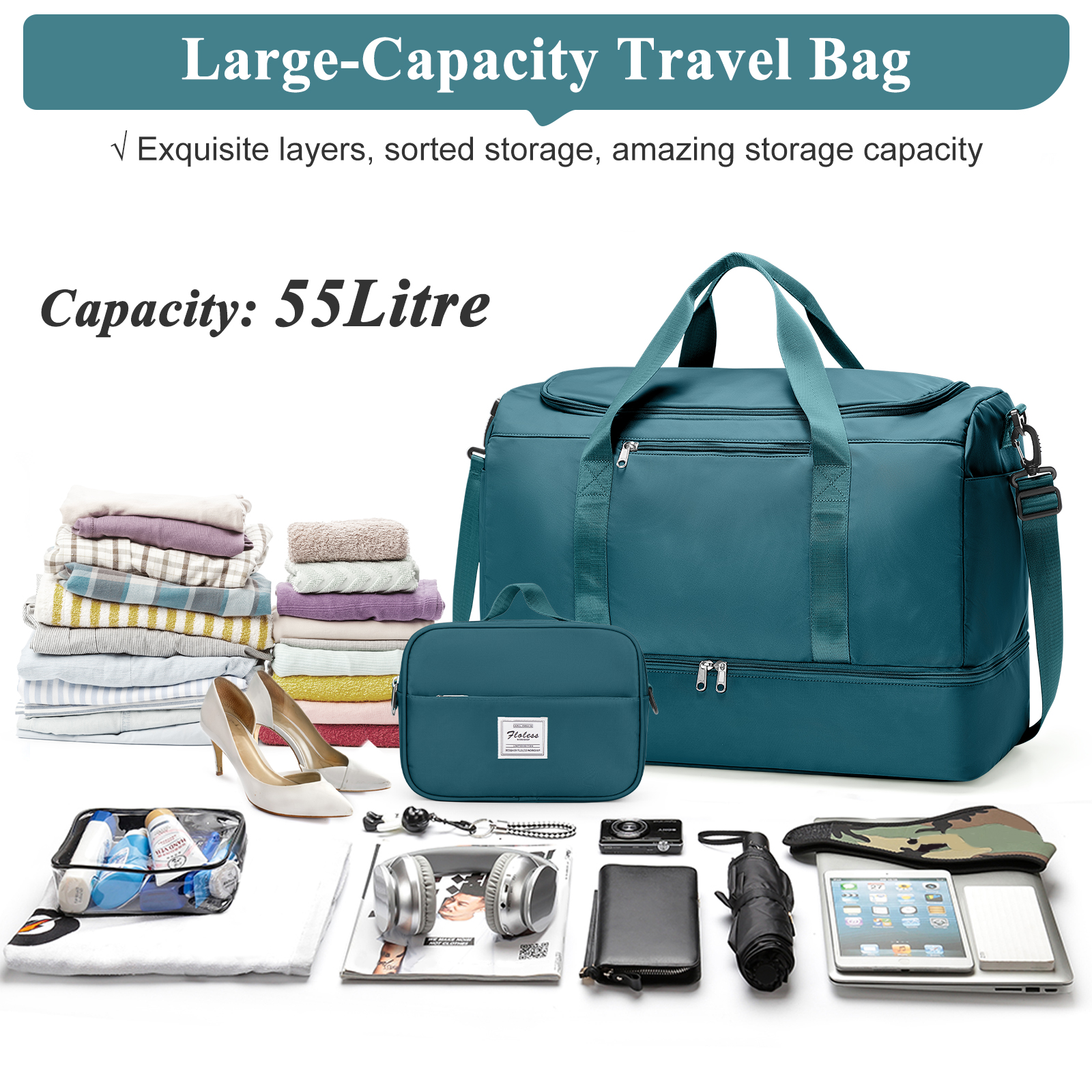 SYCNB Large Travel Duffel Bag, Weekender Overnight Bag for Women, Gym Tote Bag with Shoe Compartment & Toiletry Bag, Carry-On Weekend Bag for Women with Wet Pocket for Travel Business, Peacock Blue