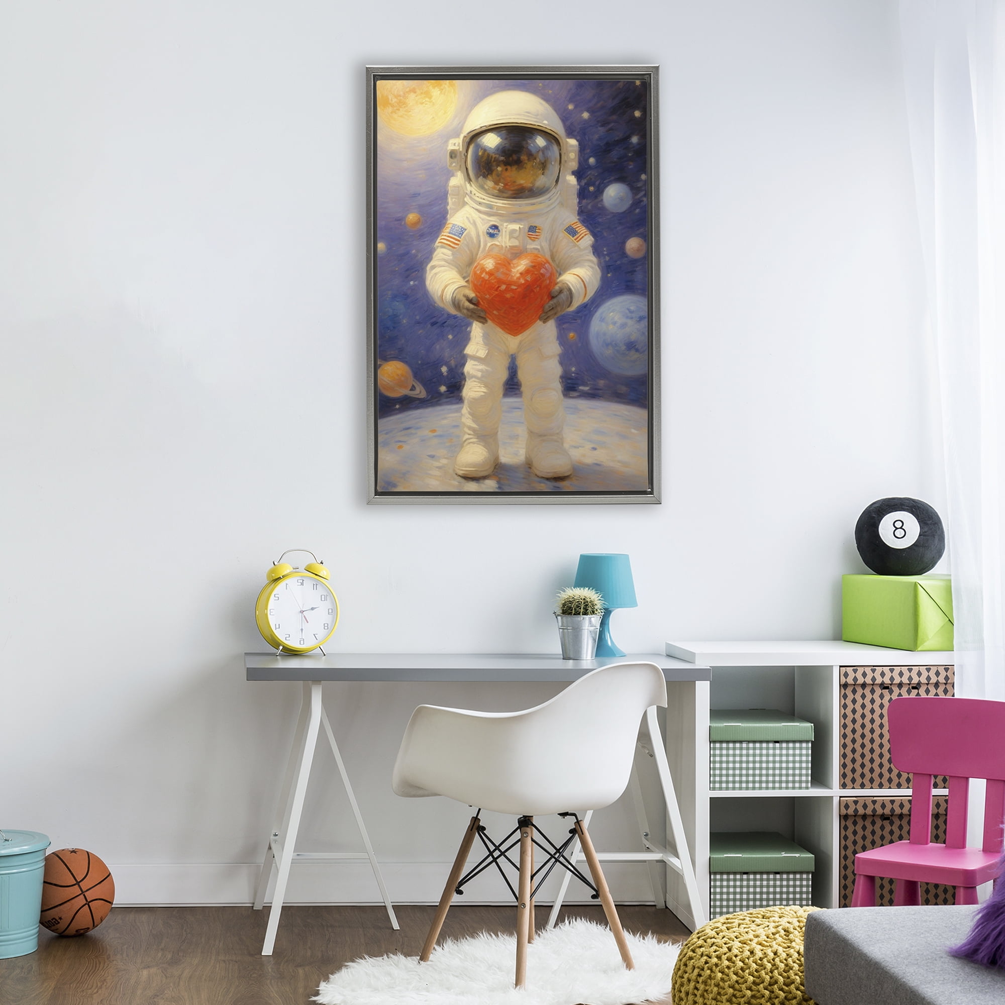 Astronaut Holding Heart Gray Framed Floater Canvas Wall Art, design by Angie Hawke