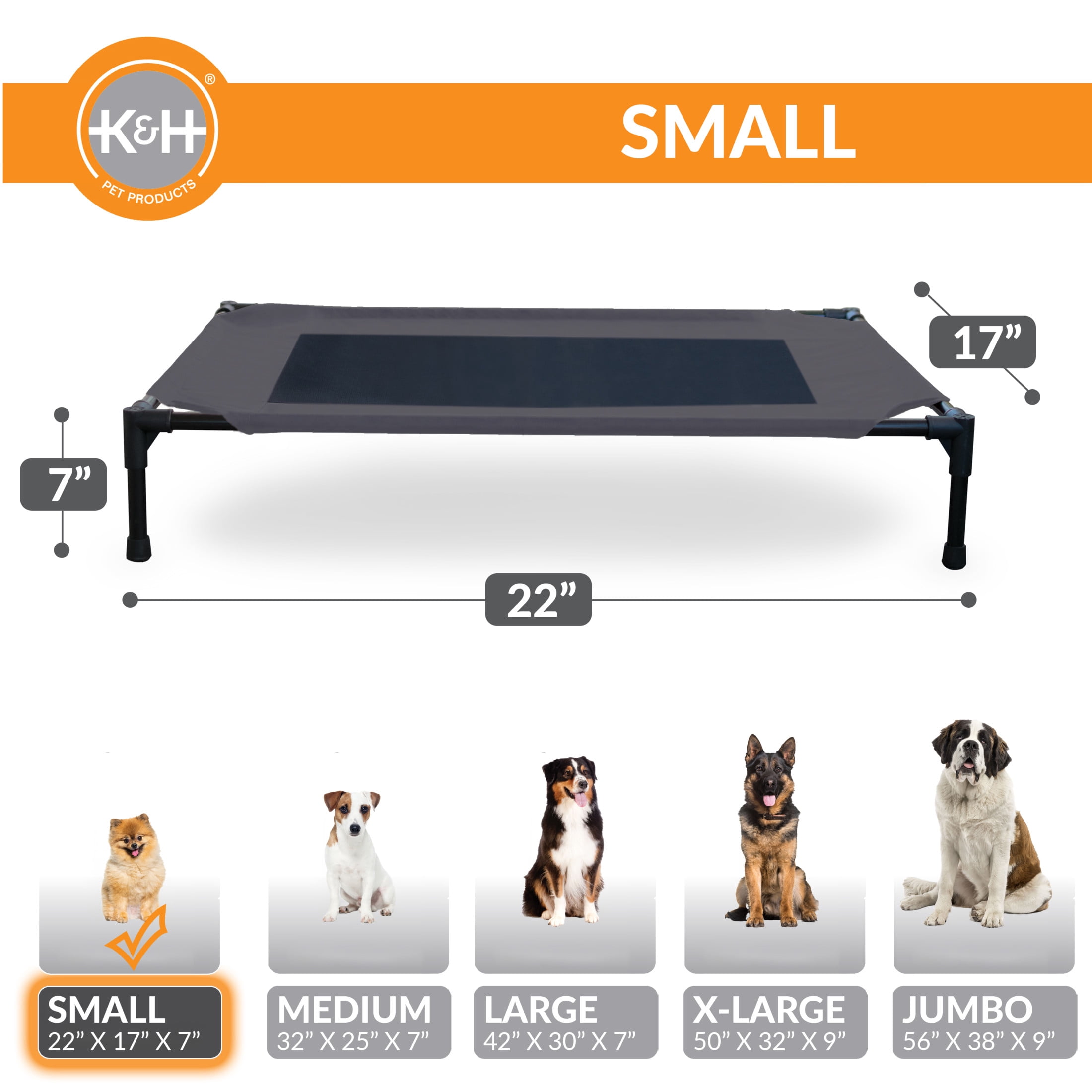 K&H Pet Products Original Pet Cot Elevated Dog Bed Charcoal/Black Mesh Small 22 X 17 X 7 Inches