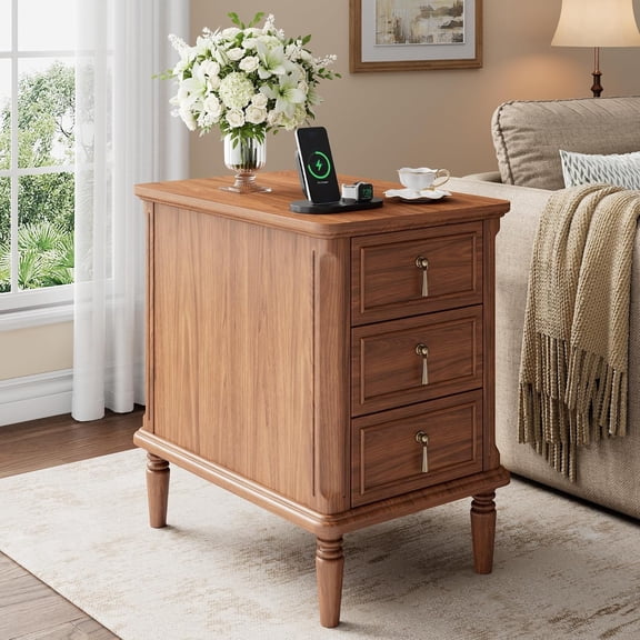 Laisnet Mid-Century Nightstand, 3-Drawer Narrow Side Table with Charging Station, Pre-Assembled, Brown