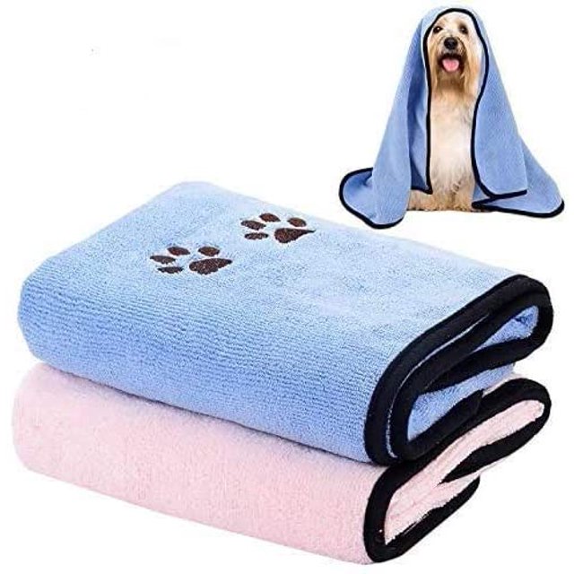 Toalla para perros, 2 piezas, toallas súper absorbentes para mascotas, toallas de baño de microfibra suaves y de secado rápido, azul y rosa ER