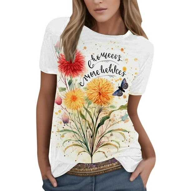Gibobby Camisa Vaquera Camiseta con estampado de y flores de manga corta con cuello redondo y moda informal de verano para mujer(Rojo, XL)