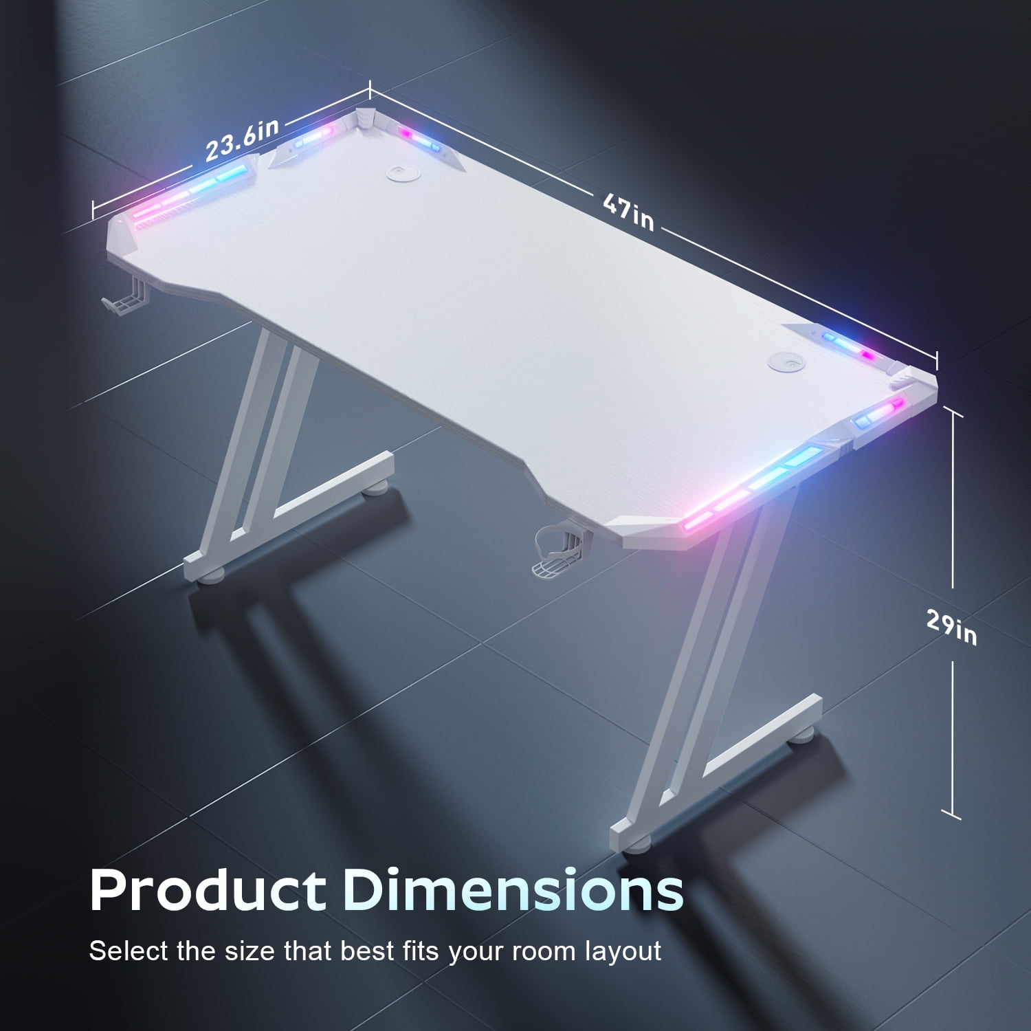 HLDIRECT 47 Inch Gaming Desk with LED Lights Carbon Fibre Surface Gaming Table Large Computer Desk Ergonomic Home Office Desks Z Shaped PC Gamer Workstations with Cup Holder & Headphone Hook White