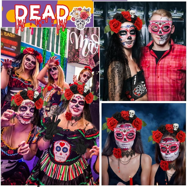 4PCS Day of the Dead Costume Set for Women, Flower Skull  display picture 1