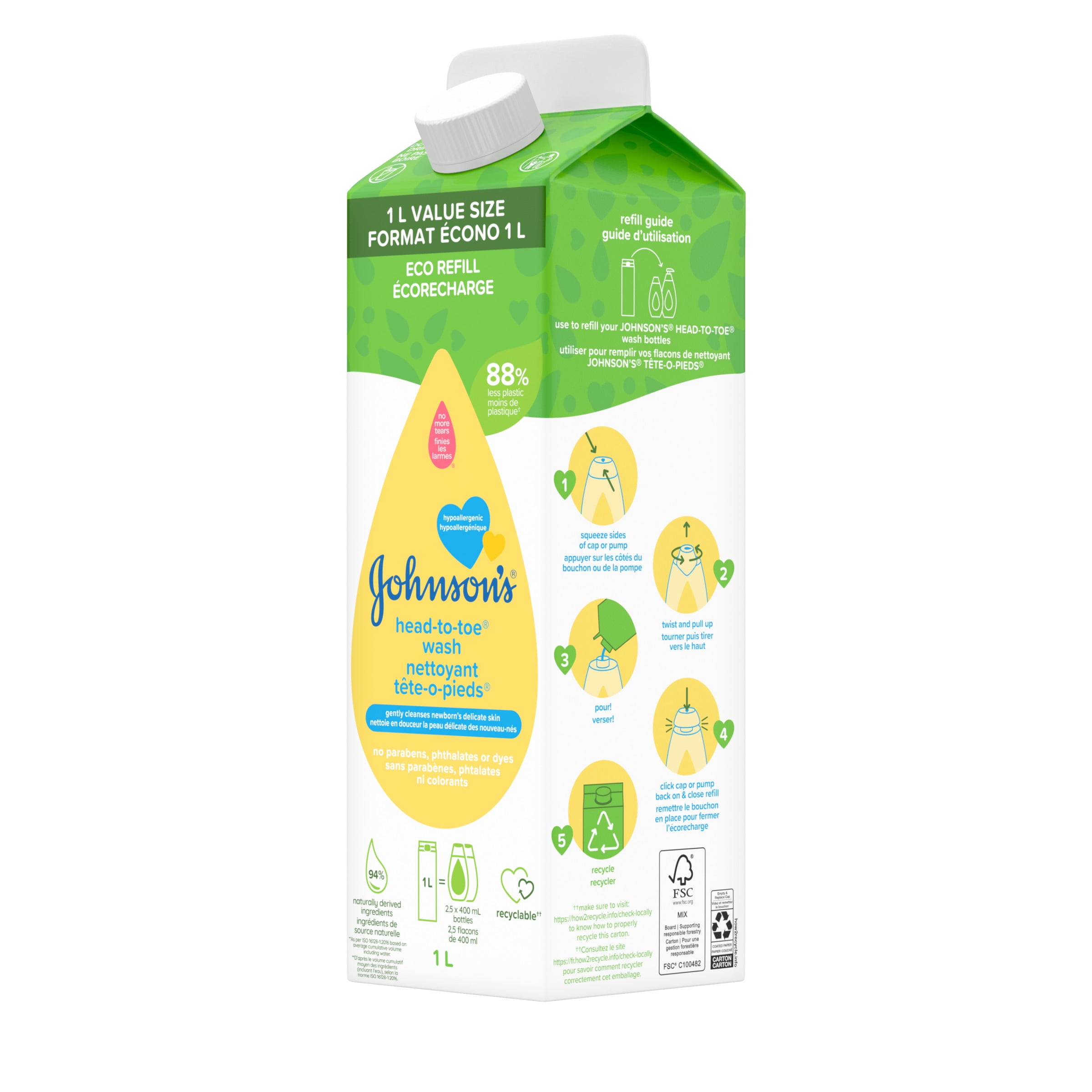 Johnson’s Head to Toe Wash Carton Refill, Gently Cleanses Baby's Delicate Skin, Hypoallergenic Cleanser, Paraben Free